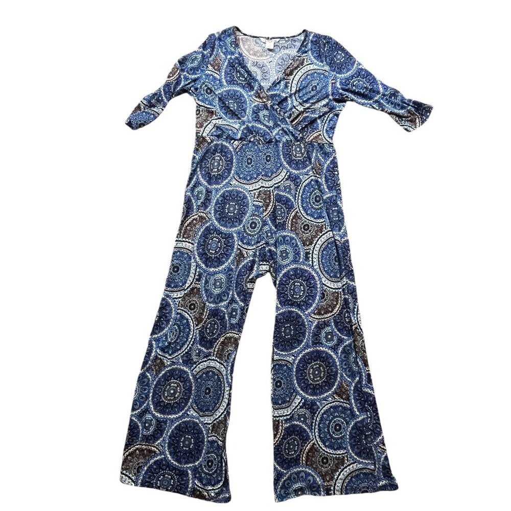 Christine V Jumpsuit Womens XL Blue Palazzo Geometric Mod Artsy Boho Hippie 70s